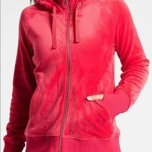Athleta Triumph double cozy karma hibiscus red velour zip down hoodie.